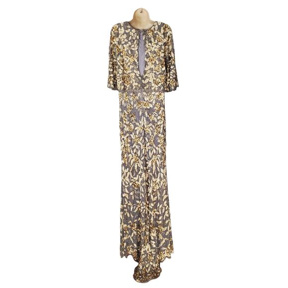 Mac Duggal Evening Gown 4574D Sequin Bead Embellished Cape Gown Platinum Size 8 - Picture 3 of 10